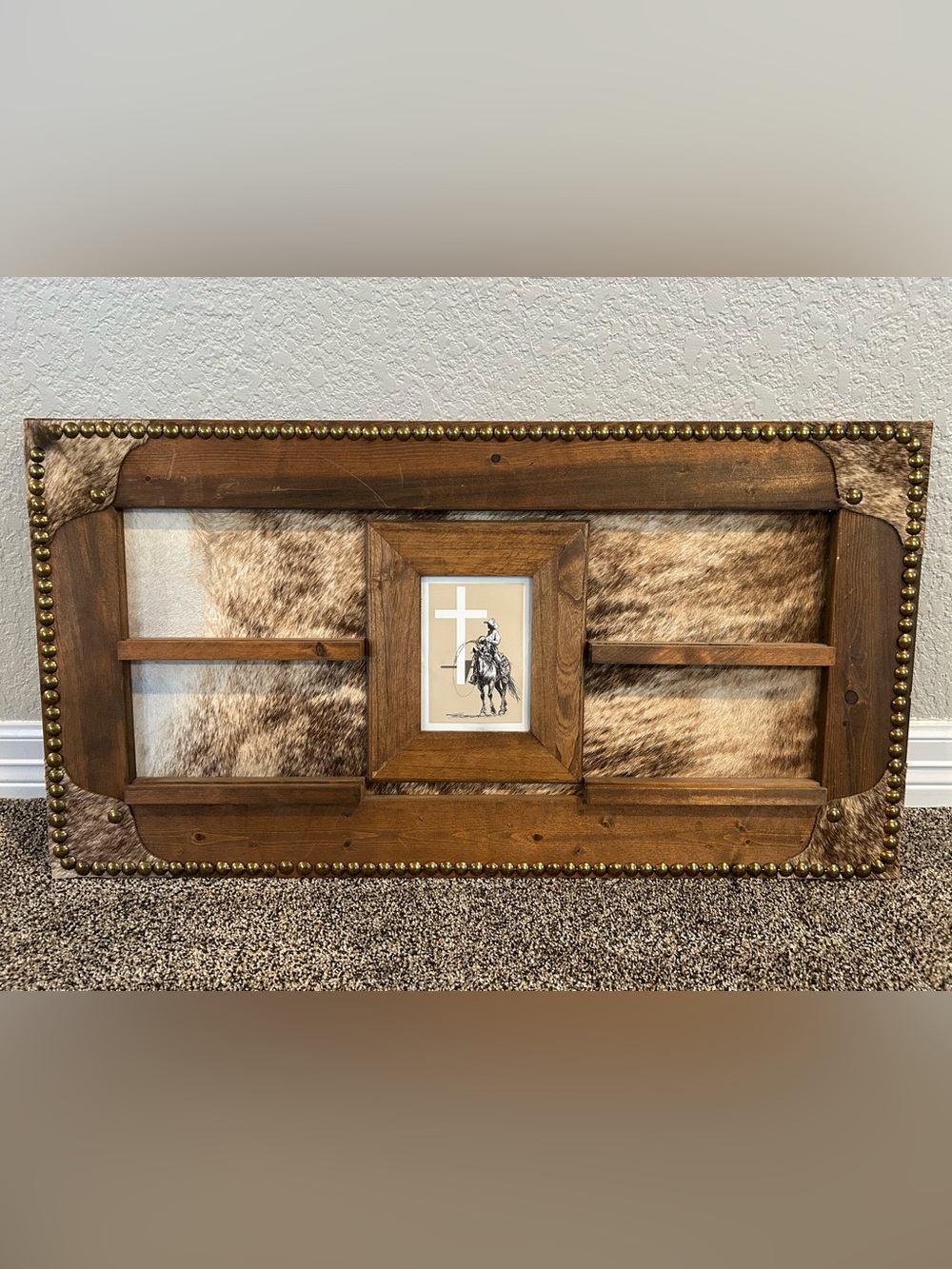 Rustic Brown Wood Frame Trophy Buckle Display With Tan Cowhide Inset